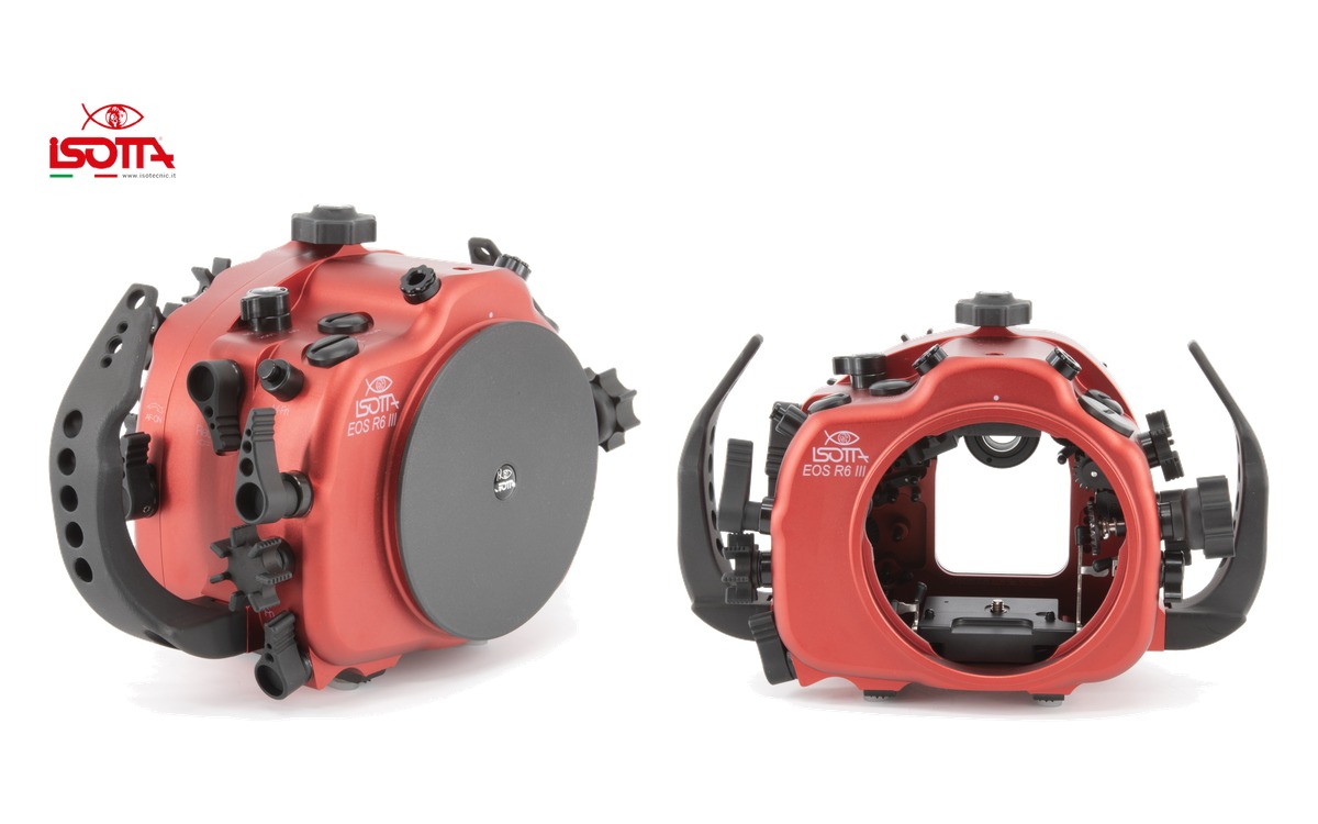 Isotta underwater housing for the Canon EOS R6 Mark III, shown with the port cap on and with the rear section removed