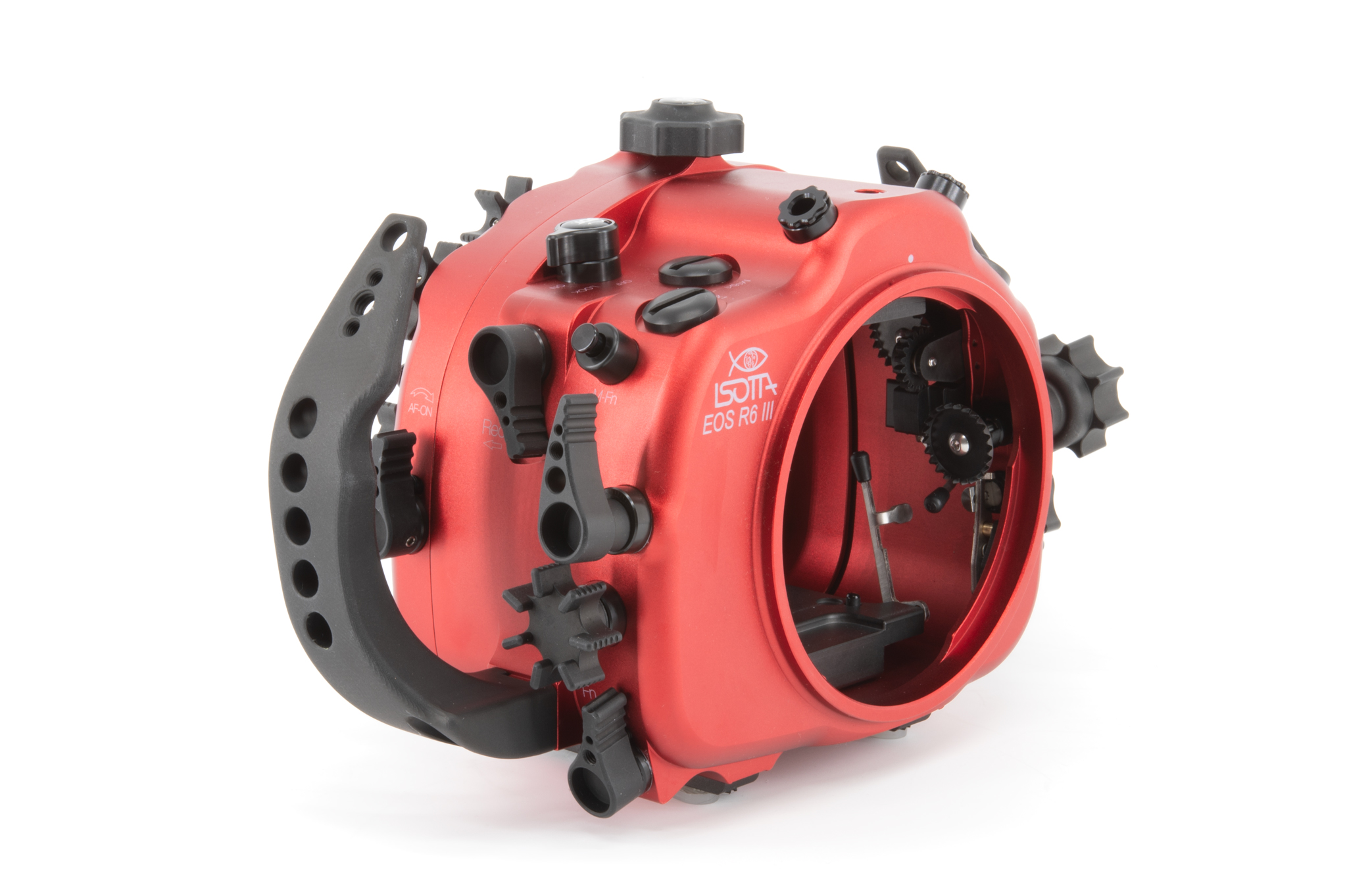 Isotta Canon EOS R6 Mark III housing with the port removed, showing the camera tray